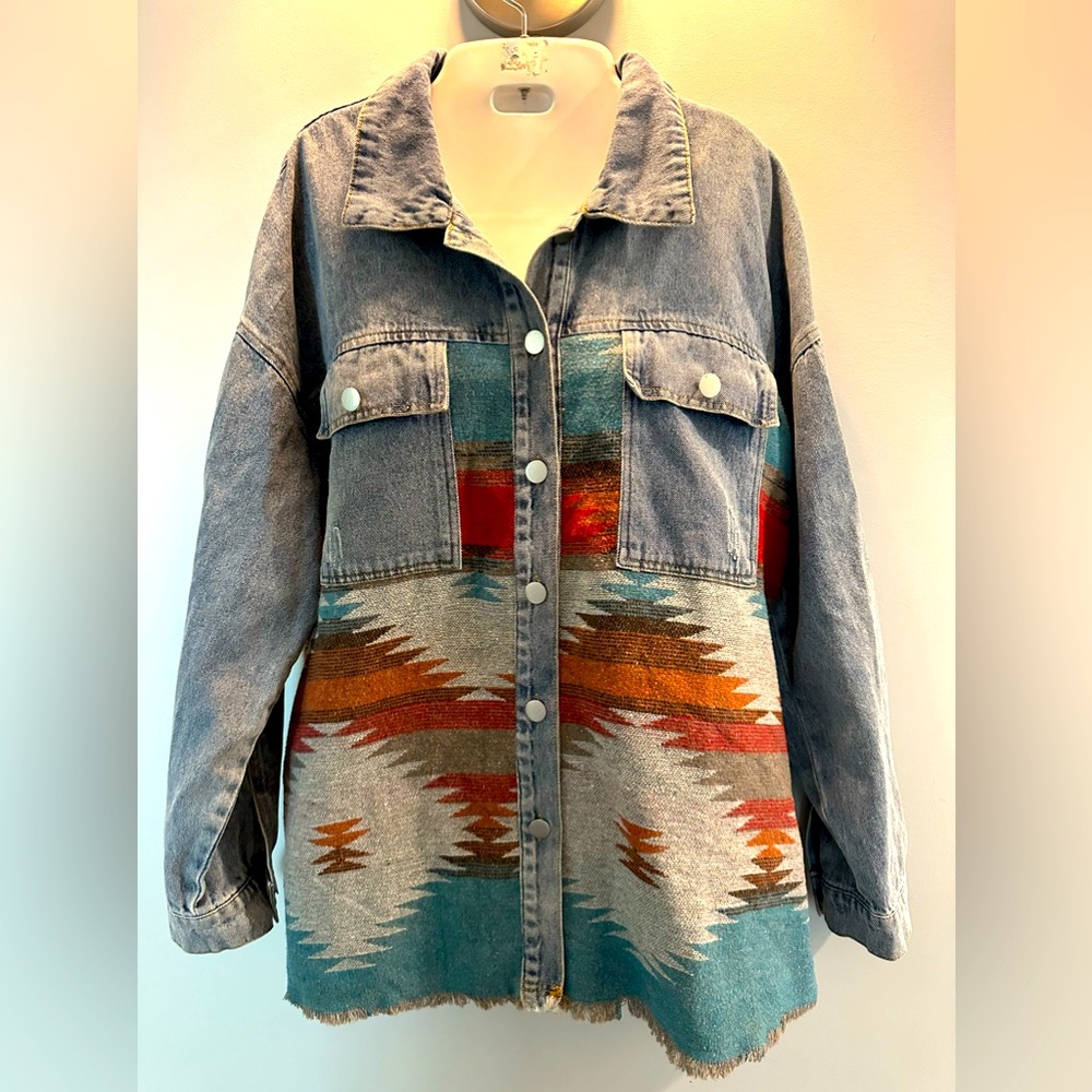 Stylish Denim Jacket with Multicolor Pattern